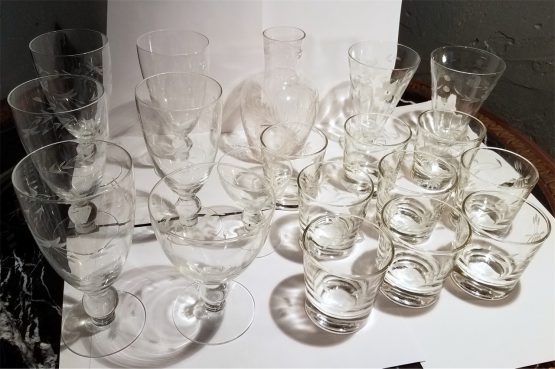 Mid Century FLORAL Etch Wine Cocktail Glasses Goblets BALL Stem - 1950s 19pc Set