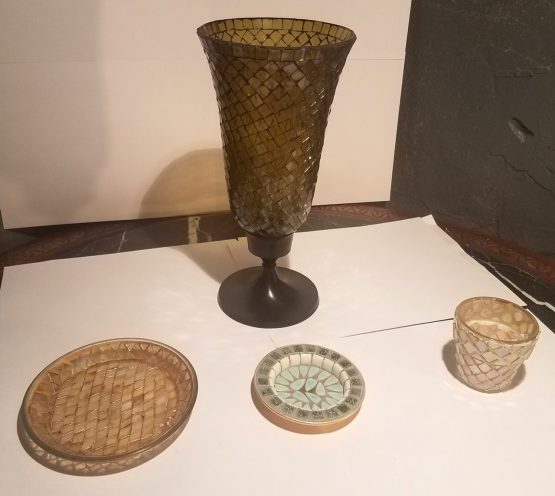 Lot of Four Mosaic Glass Decor Vase Candle Holder Copper Plate Cup