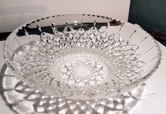 Vintage Crystal Clear Glass Large 12" Fruit Bowl Triangle Faceted Modern Design