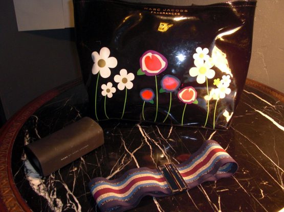 Marc Jacobs 3 Lot Black Flower Plastic Handbag Belt Fabric Sunglasses Case Nice
