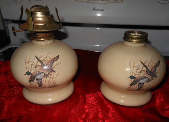 2-Vintage 6 Inches Tall Glass Petroleum Lights With Swan Motive
