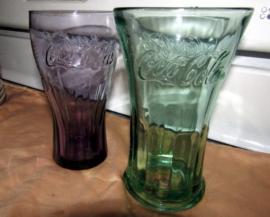 Lot of 2 Vintage Tall Heavy Coca Cola Drinking Glasses Green & Purple