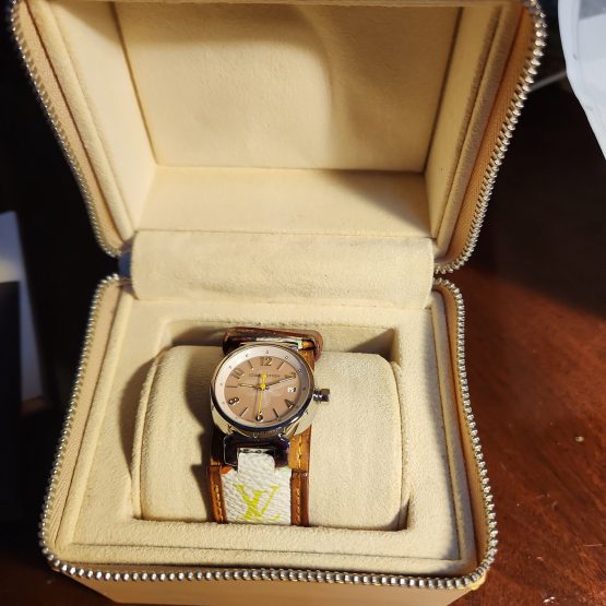 Louis Vuitton Watch Q121V Tambour 26mm Women's Pink Mother of Pearl Multi Color
